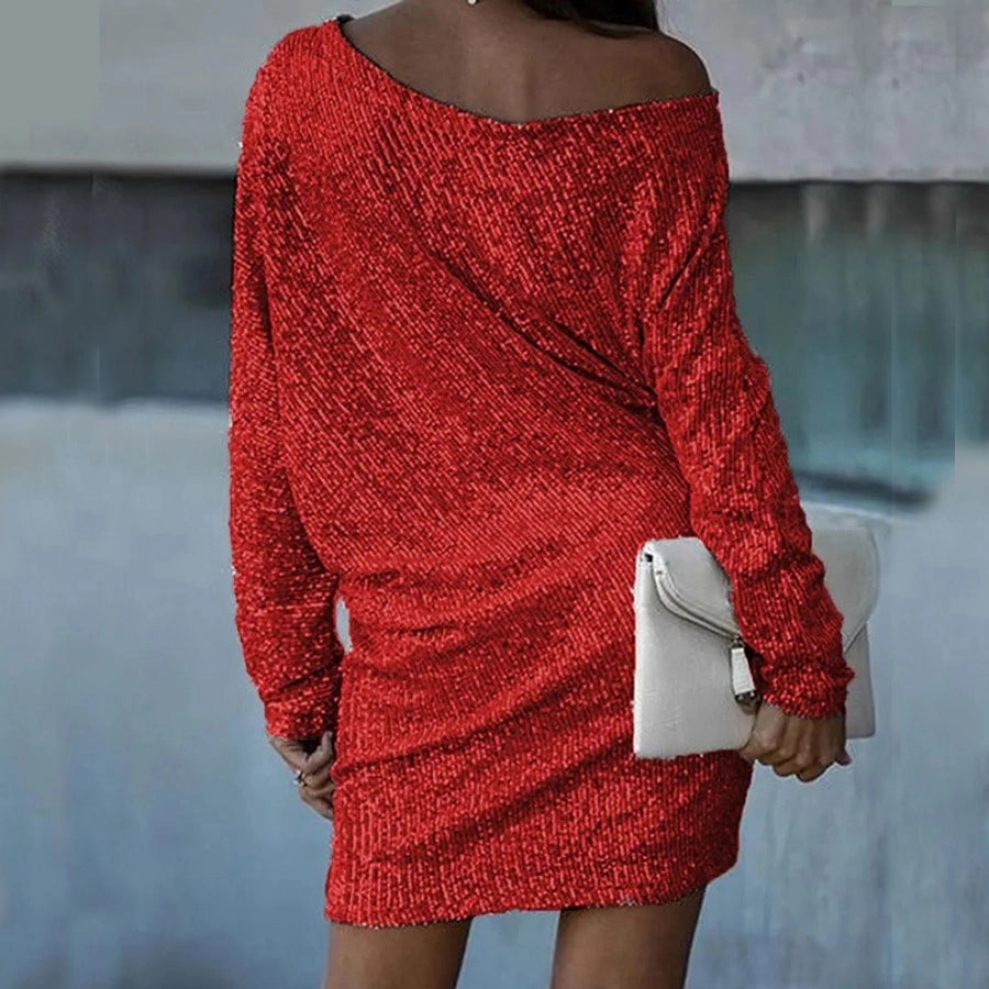 Women's Sequin Dress Elegant Sexy Oblique collar Sequins Nine Points Sleeve Solid Color Above Knee Holiday Cocktail Party