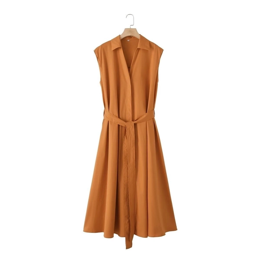 Shirt Dress Elegant Streetwear Turndown Pleated Sleeveless Solid Color Maxi Long Dress