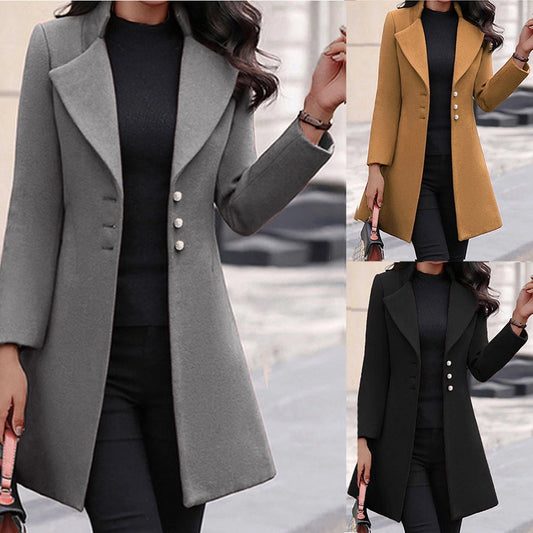 women's casual vintage style solid color button single breasted coat woolen coat