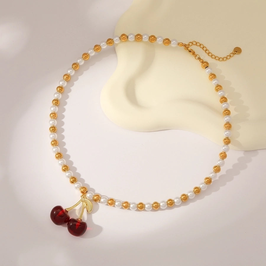 Cherry Solid Color 18K Gold Plated Imitation Pearl Beaded Necklaces