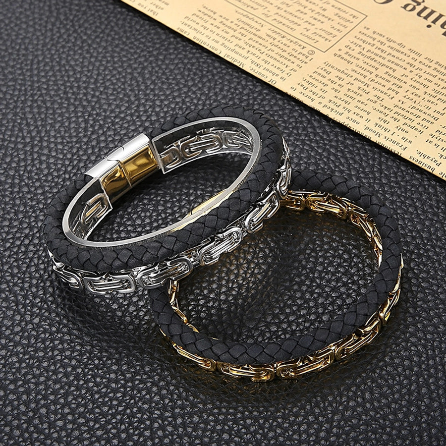 Retro punk geometric pu leather titanium steel braid chain men's bangle