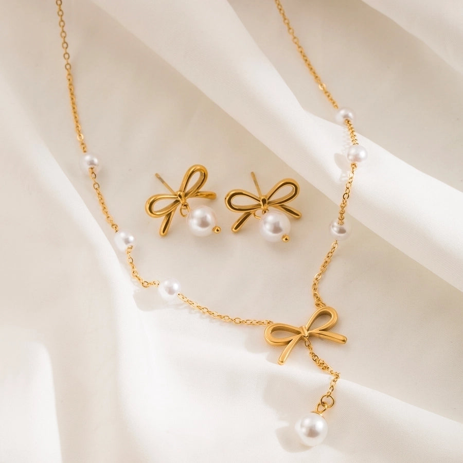 Classic Style Bow Knot Stainless Steel Pearls 18K Gold Plated Jewelry Set