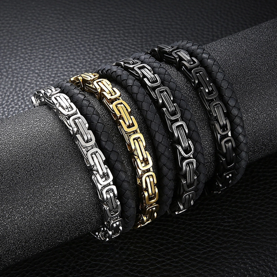 Retro punk geometric pu leather titanium steel braid chain men's bangle