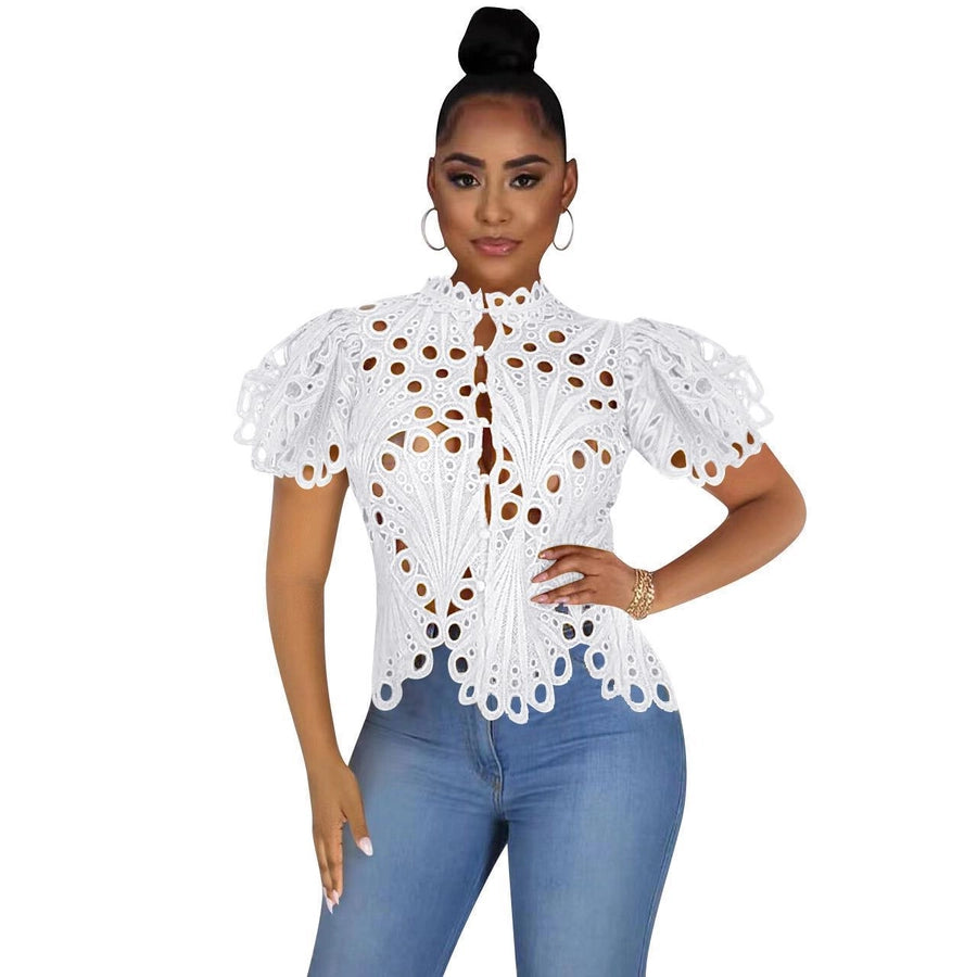 blouse short sleeve blouses hollow out elegant classic style solid color