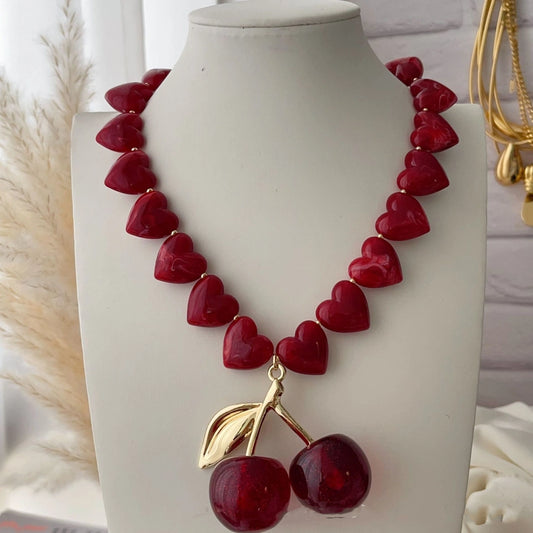 Sweet Cherry Heart Shape Arylic Alloy glass  Pendant Necklaces