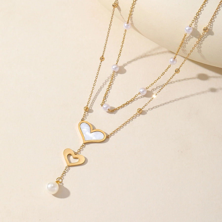 Cute Romantic Sweet Double Heart  Imitation Pearl Double Layer Necklaces Pendant Necklace