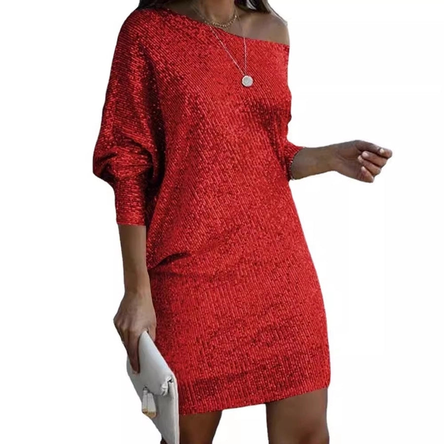 Women's Sequin Dress Elegant Sexy Oblique collar Sequins Nine Points Sleeve Solid Color Above Knee Holiday Cocktail Party