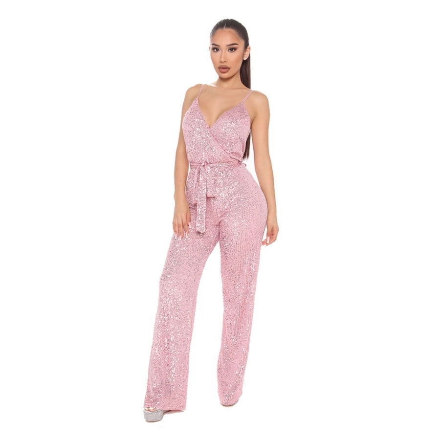 retro solid color polyester full length sequins jumpsuits