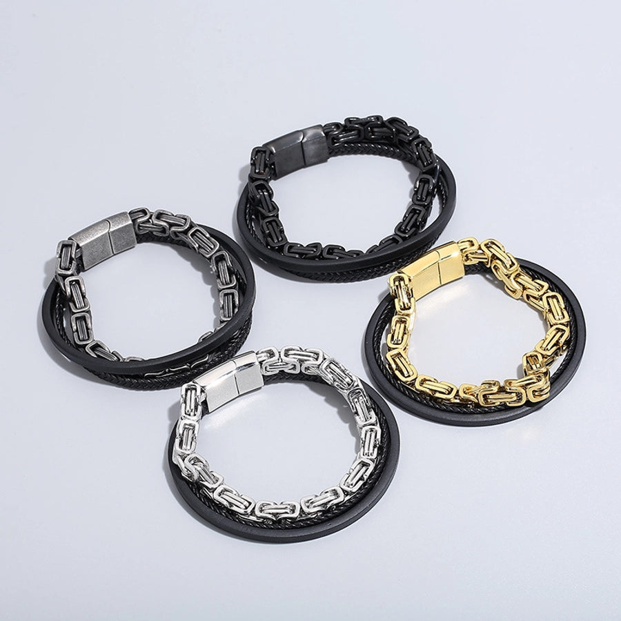 Retro punk geometric pu leather titanium steel braid chain men's bangle