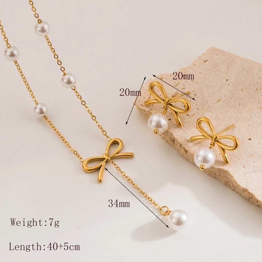 Classic Style Bow Knot Stainless Steel Pearls 18K Gold Plated Jewelry Set