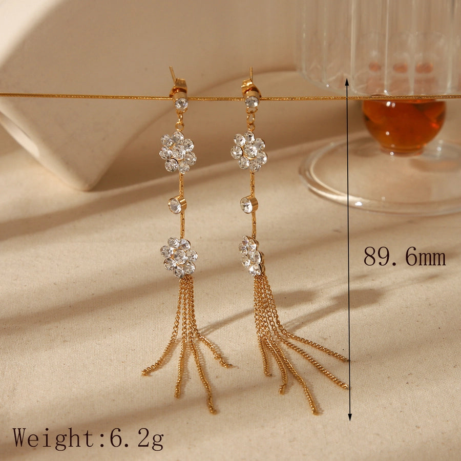 Luxurious Simple Style Commute Flower Butterfly chain Inlay  Stainless Steel Acrylic Imitation Pearl Zircon 18K Gold Plated Drop Earrings