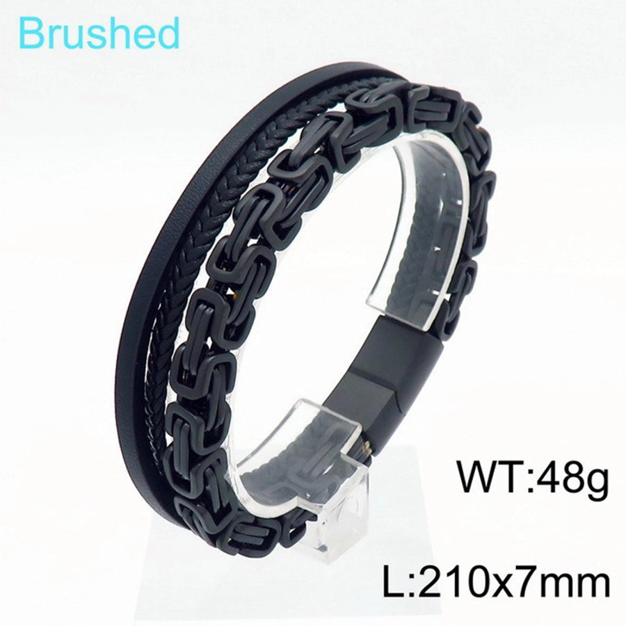 Retro punk geometric pu leather titanium steel braid chain men's bangle