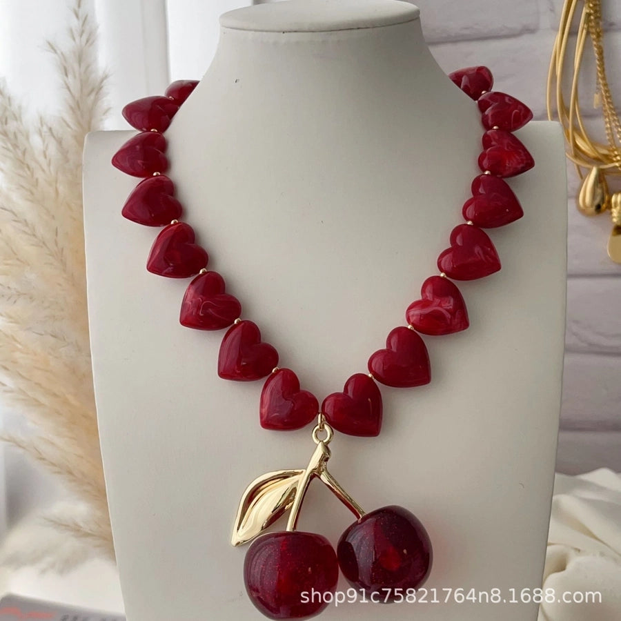 Sweet Cherry Heart Shape Arylic Alloy glass  Pendant Necklaces