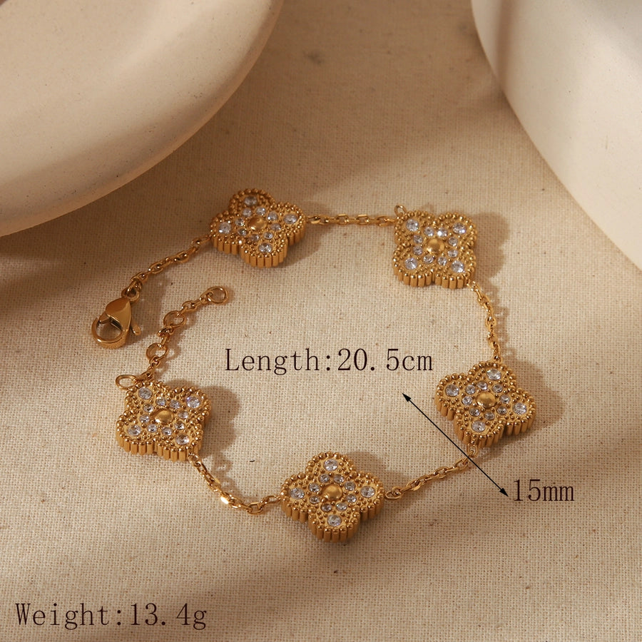 Vintage Style Four Leaf Clover Flower Stainless Steel 18K Gold Plated Zircon Bracelets In Bulk