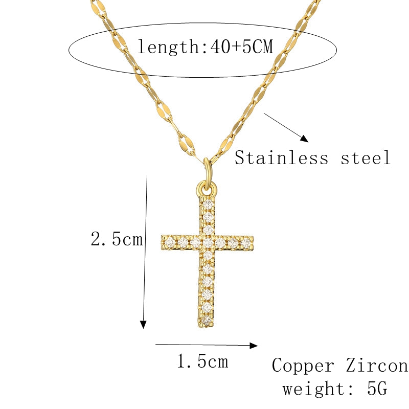 casual simple style cross tree stainless steel copper plating hollow out inlay zircon gold plated pendant necklace