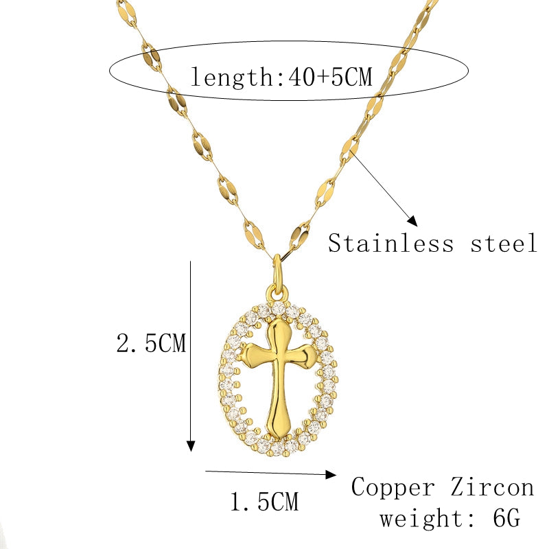 casual simple style cross tree stainless steel copper plating hollow out inlay zircon gold plated pendant necklace