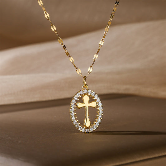 casual simple style cross tree stainless steel copper plating hollow out inlay zircon gold plated pendant necklace