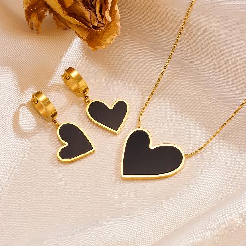 Princess cute simple style heart shape stainless steel plating inlay shell 18k gold plated earrings necklace