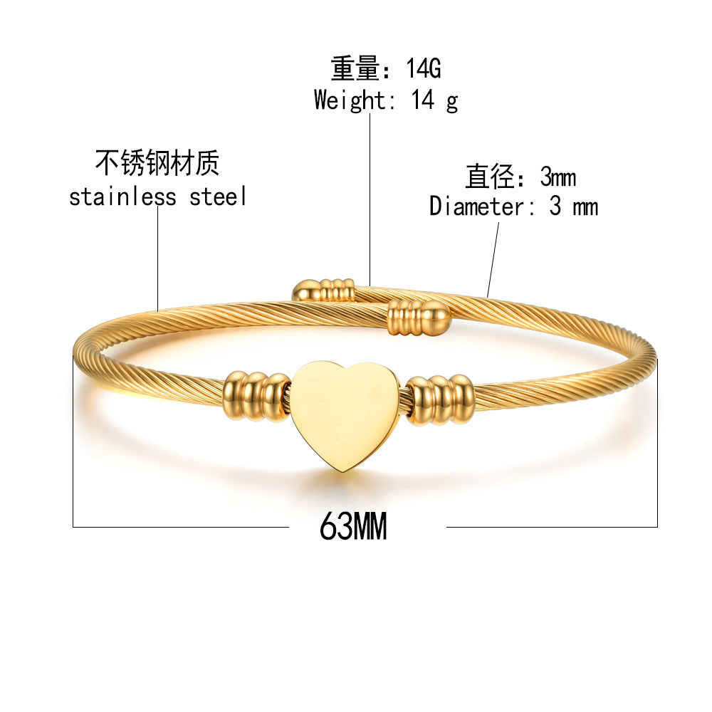 lady heart shape stainless steel metal no inlaid bangle