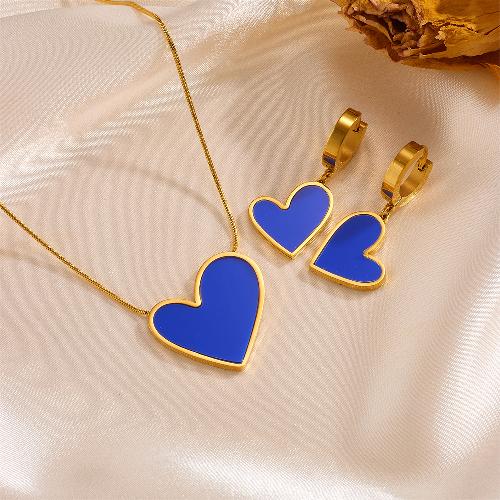 Princess cute simple style heart shape stainless steel plating inlay shell 18k gold plated earrings necklace