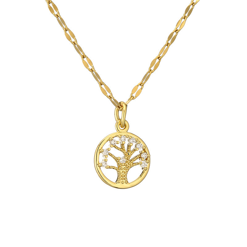 casual simple style cross tree stainless steel copper plating hollow out inlay zircon gold plated pendant necklace