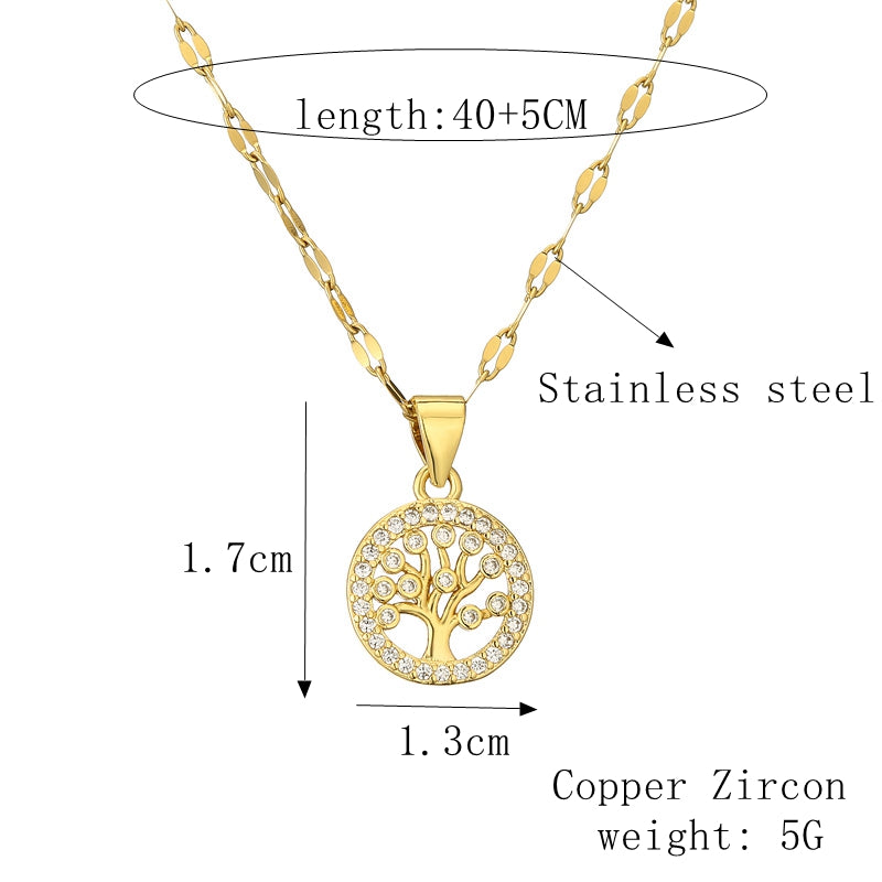 casual simple style cross tree stainless steel copper plating hollow out inlay zircon gold plated pendant necklace