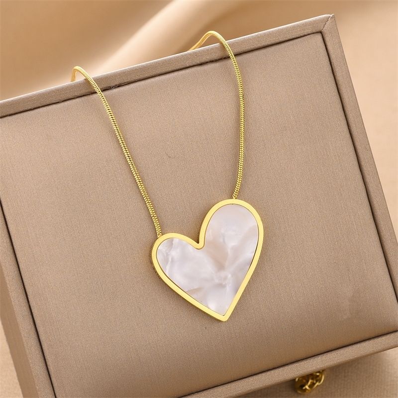 Princess cute simple style heart shape stainless steel plating inlay shell 18k gold plated earrings necklace