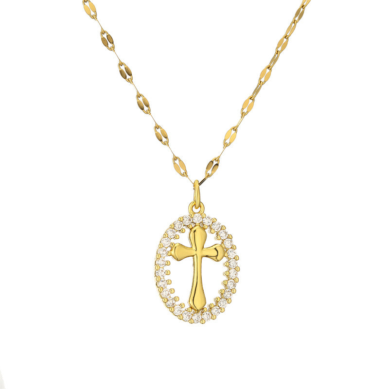 casual simple style cross tree stainless steel copper plating hollow out inlay zircon gold plated pendant necklace