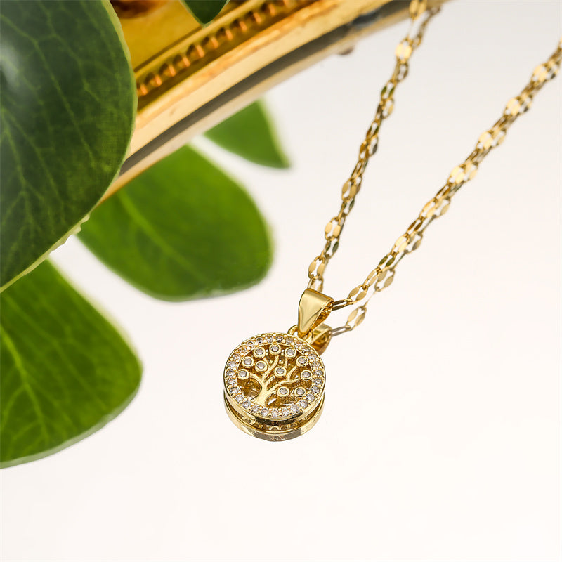 casual simple style cross tree stainless steel copper plating hollow out inlay zircon gold plated pendant necklace