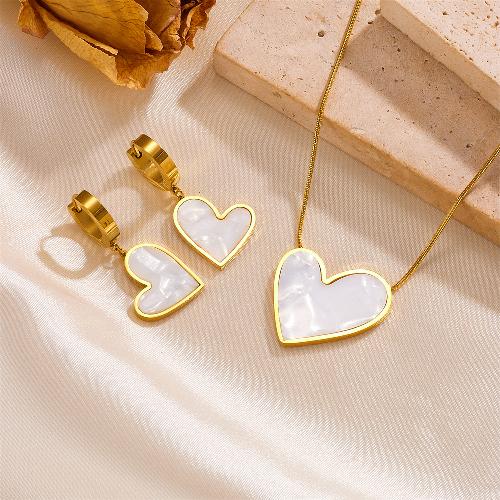 Princess cute simple style heart shape stainless steel plating inlay shell 18k gold plated earrings necklace