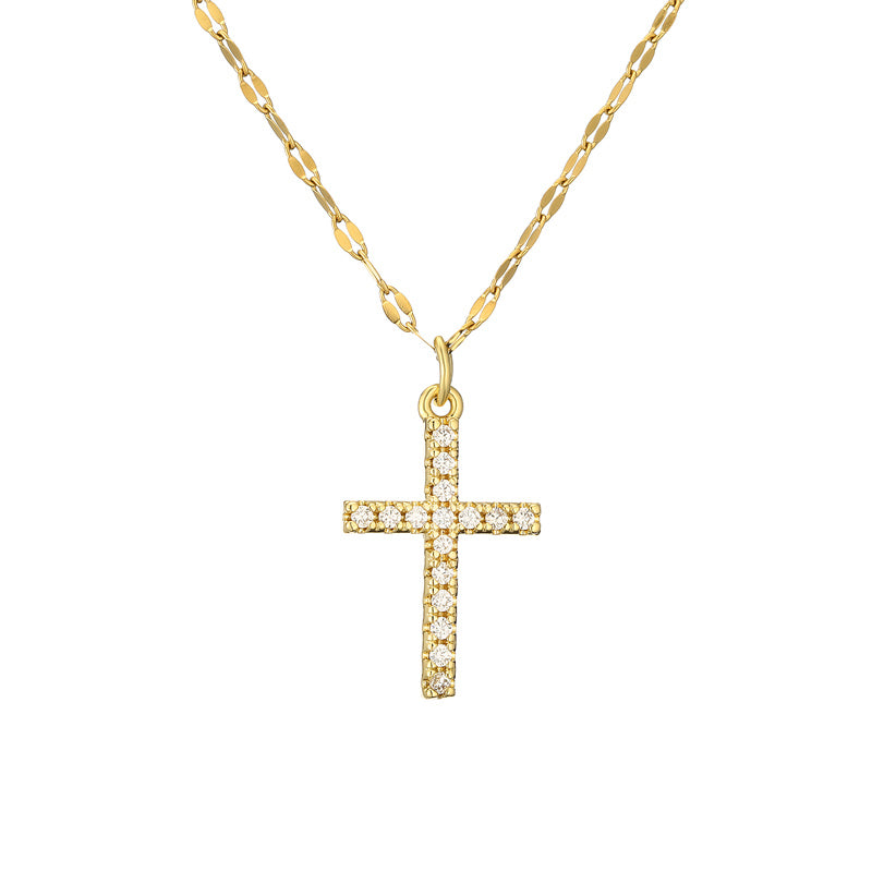 casual simple style cross tree stainless steel copper plating hollow out inlay zircon gold plated pendant necklace