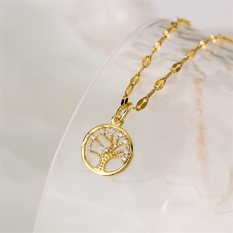 casual simple style cross tree stainless steel copper plating hollow out inlay zircon gold plated pendant necklace