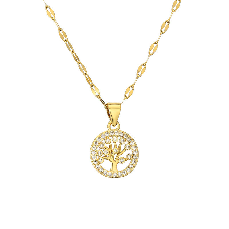 casual simple style cross tree stainless steel copper plating hollow out inlay zircon gold plated pendant necklace