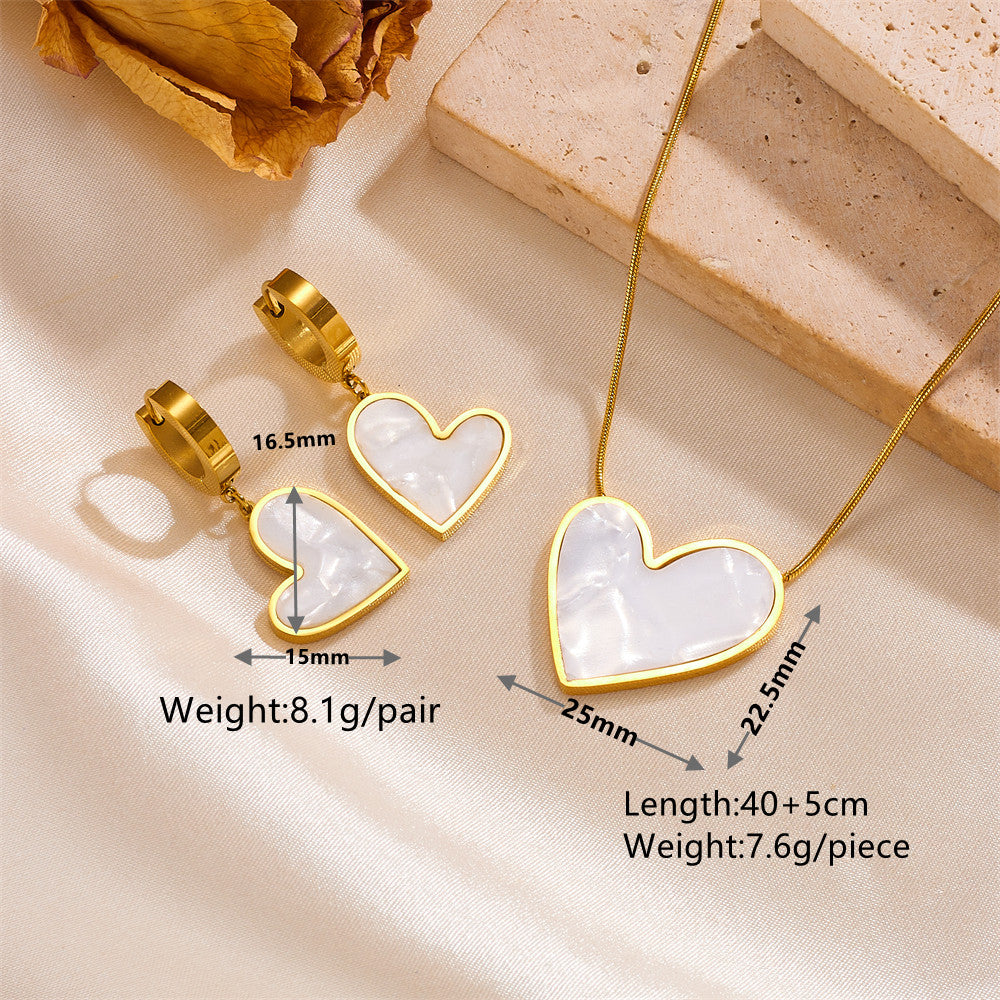 Princess cute simple style heart shape stainless steel plating inlay shell 18k gold plated earrings necklace