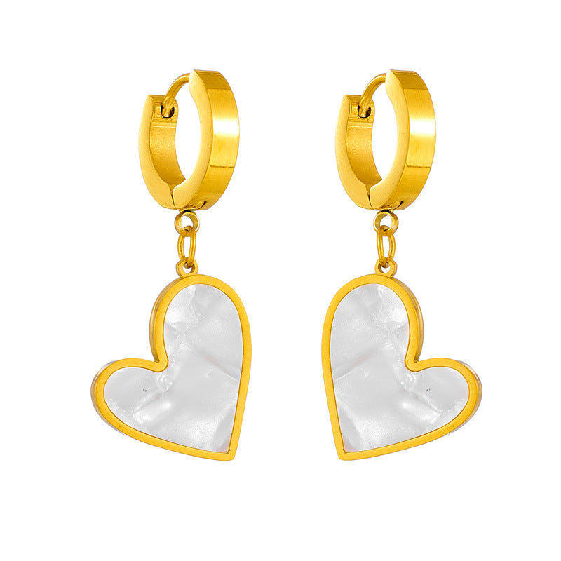 Princess cute simple style heart shape stainless steel plating inlay shell 18k gold plated earrings necklace