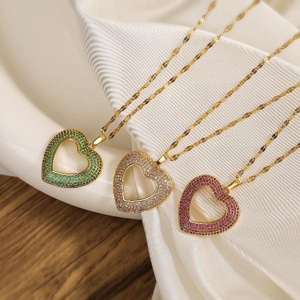 lady classic style heart shape stainless steel copper plating inlay zircon 18k gold plated pendant necklace